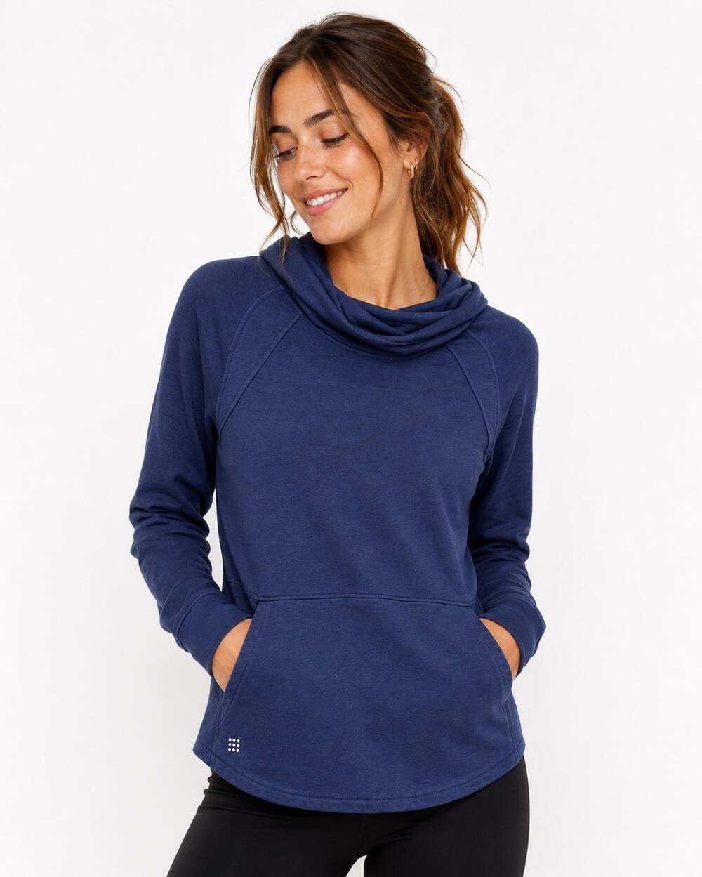 Title Nine Womens Small Blue Cowl Neck Pullover Sweatshirt Pocket